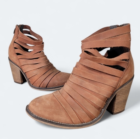 Free People Hybrid Heel Strappy Leather Ankle Boot Booties Size 38 - Picture 1 of 16